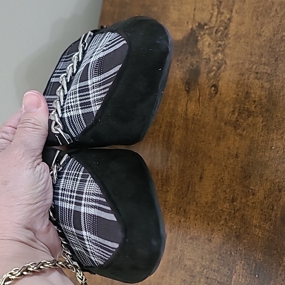 Ann Taylor Factory Black Suede Loafer Mules with Plaid & chain design size 8 - Picture 9 of 10